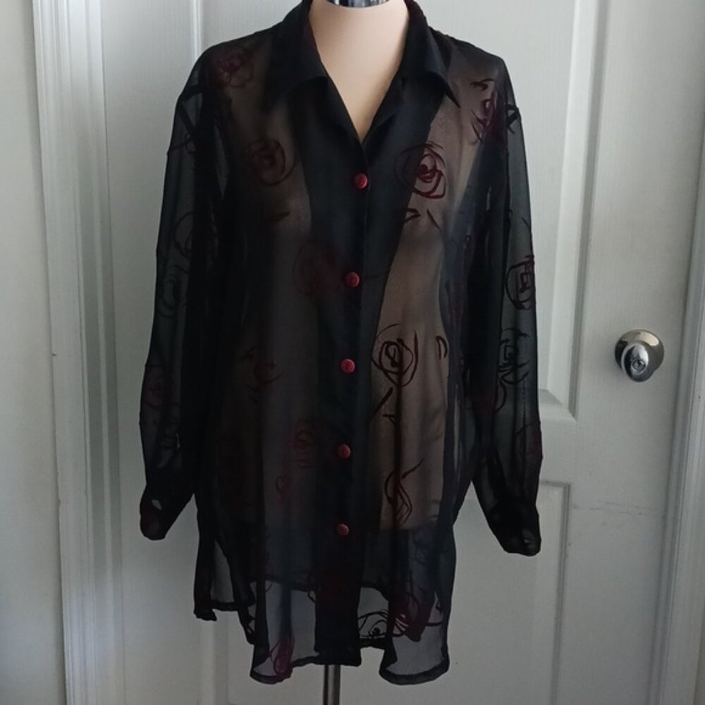 VTG Menta Top shirt black red sheer oversized button down long sleeves (L-XL)